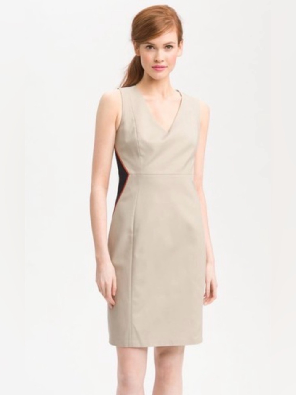 Ann Taylor Beige Sheath Color Block Midi Dress with Contrasting Side Panels